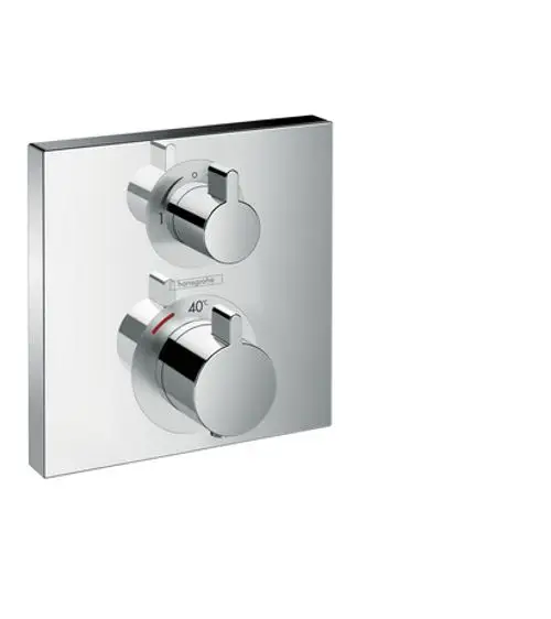 Chromfarbener Thermostat mit zwei Reglern von Hansgrohe, montiert auf einer quadratischen Plattenoberfläche. Regler zur Temperatur- und Verbrauchseinstellung.